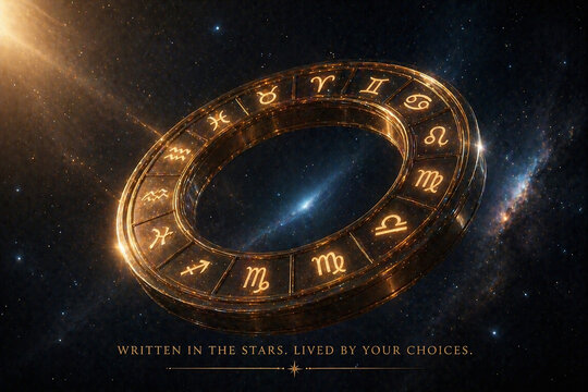 A celestial image featuring a golden zodiac wheel overlaid on a nebula background, with the text "WRITTEN IN THE STARS. LIVED BY YOUR CHOICES."