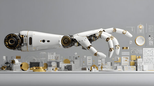 Futuristic robotic hand assembling miniature architectural models and electronic components with gold accents, conveying precision automation and advanced manufacturing technology