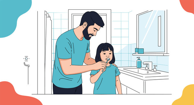 Caring father stands in the bathroom and helps his young daughter learn how to brush her teeth properly.
