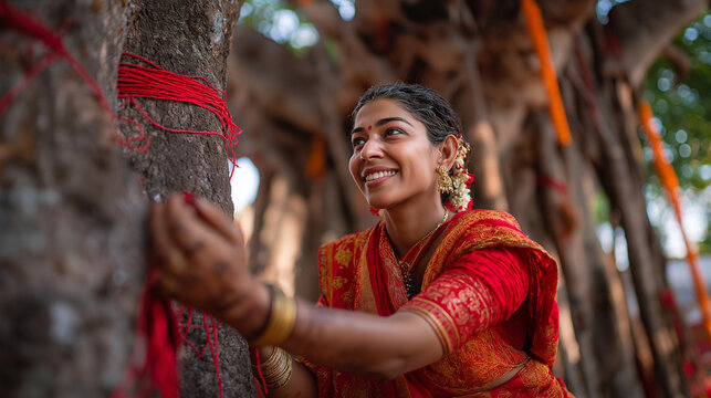 Woman Wrapping Sacred Red Thread on Banyan Tree During Vat Savitri Vrat Ritual.