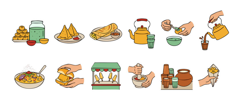 Indian Street Food Icons Set, Traditional Snacks and Drinks Collection, Hand Drawn Style Illustrations for Menu Design, Cuisine and Culinary Concept Vector Set representing Authentic South Asian Cultu