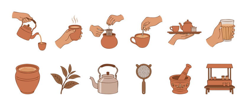 Indian Chai Tea Vector Set, Traditional Masala Tea Preparation and Serving Icons with Kettle, Glass, Strainer and Street Stall, Flat Design Elements for Cafe Menu, Restaurant Graphics and Branding.