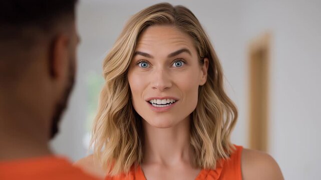 Caucasian woman in orange shirt expresses surprise, then curiosity, and finally frustration while interacting with a man in a casual setting with neutral background elements
