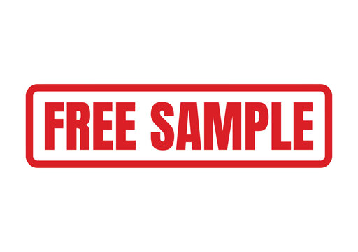 Red rectangular business stamp featuring text saying free sample for promotional marketing and product trial giveaways