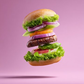 Surreal floating burger with ingredients separated in air, food art