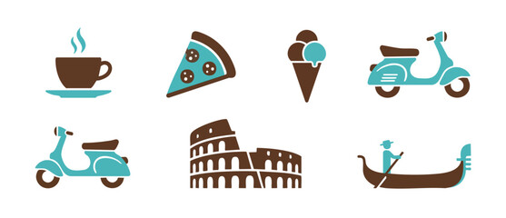 Italy Travel Icons Set, Rome Tourism Symbols with Colosseum and Scooter, Flat Vector Design for Vacation Branding and Mediterranean Culture Vacation Graphics Elements, Minimalist Style Illustration. © Fernando