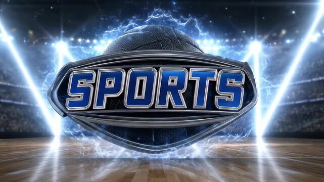 Gleaming sports shield, electrifying stadium backdrop, dynamic lightning effects, powerful athletic competition, championship event, vibrant game atmosphere, professional media presentation