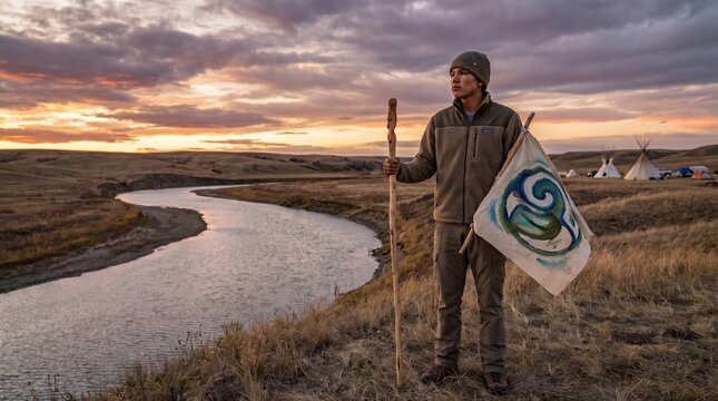 Lakota Oglala man with staff and painted flag near winding river at sunset for cultural identity and environmental awareness storytelling use