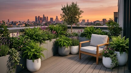 Fototapeta premium Modern rooftop garden with lush plants and armchair overlooking city skyline at sunset.