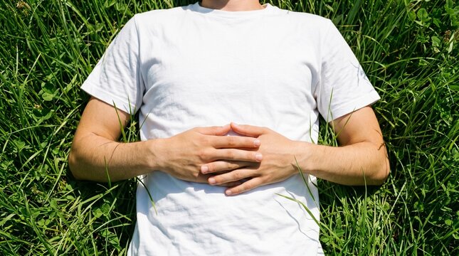 Young man lying on green grass and relaxing outdoors in summer