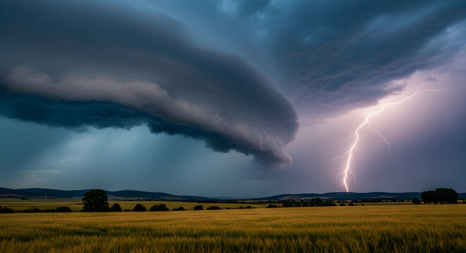 Dramatic storm cloud and lightning strike over golden wheat field
