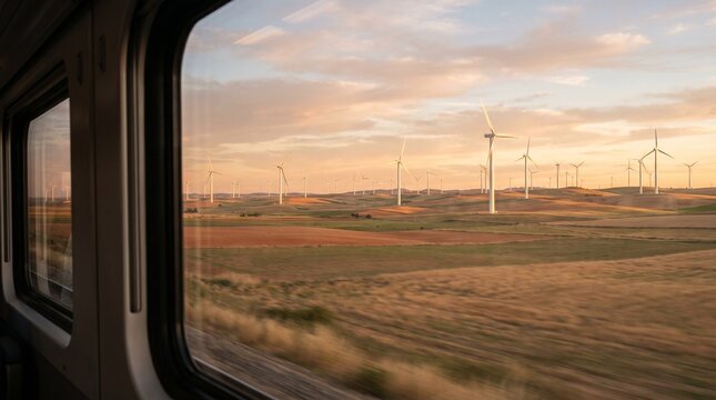 Wind turbines on rolling hills viewed from a train window at sunset