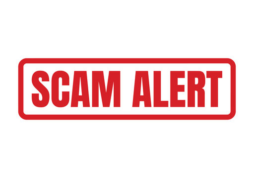 Red rectangular stamp showing the bold capital text of scam alert for official business warnings
