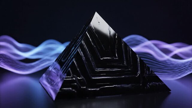 A dark, geometric pyramid with intricate patterns is illuminated by colorful, flowing light, creating a futuristic and abstract visual