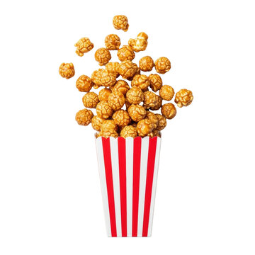 Glistening caramel popcorn spilling from a classic red and white striped cinema box onto a transparent background with copy space, flat lay, golden-brown. Concept of classic movie night indulgence