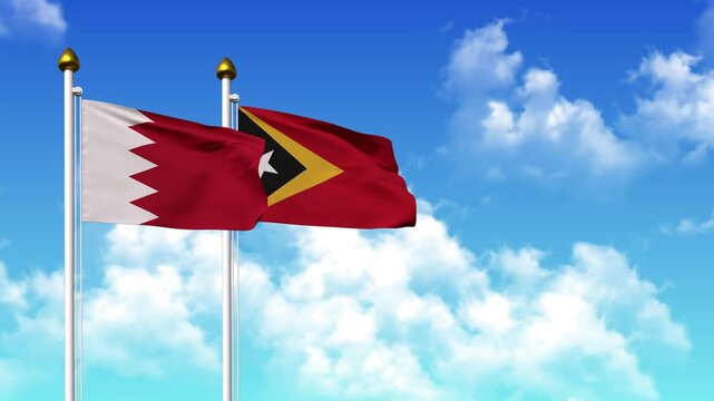 Waving flags of BAHRAIN and EAST TIMOR on pole included with alpha