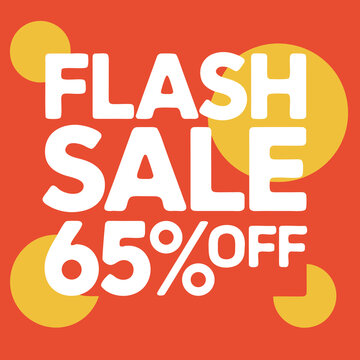 Flash sale 65 percent off vector banner with circles and bright orange background.