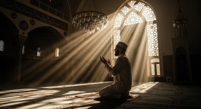 Man praying in a mosque interior.