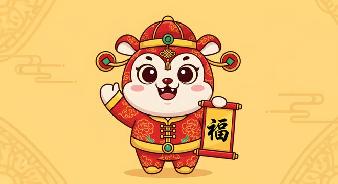 Cartoon Cat in Traditional Chinese Outfit.