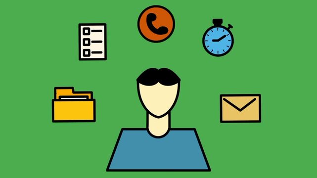 Person icon surrounded by symbols representing messages, files, time, and communication. Information overload concept with overwhelming flow of data and mental pressure