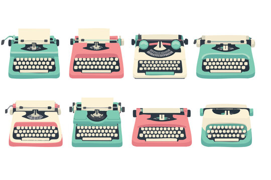 Set of retro vintage typewriter illustrations in pastel colors on white background