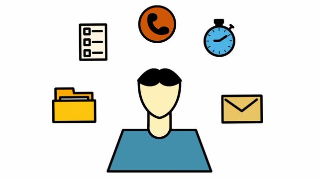 Person icon surrounded by symbols representing messages, files, time, and communication. Information overload concept with overwhelming flow of data and mental pressure