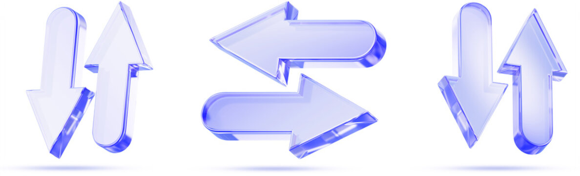 3d blue glass up down right left arrows set - opposite direction sign, increase and decrease value. Transparent ui elements, modern graphics. Double icons, transfer or exchange symbol. 3D illustration