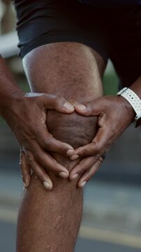 Fitness, hands and man outdoor with knee pain, injury or accident for running workout. Sports, training and male athlete in nature for exercise with muscle sprain, tendinitis or torn ligament.