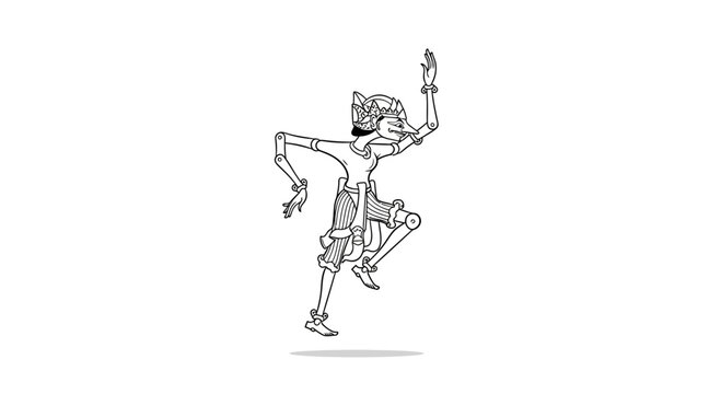 Traditional Indonesian Wayang Puppet Dancer in Dynamic Pose, Black and White Line Art