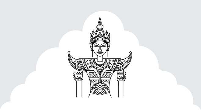 Traditional Thai Dancer Outline with Ornate Costume and Crown, Isolated