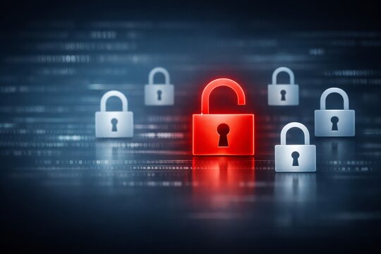 Open red padlock among closed locks on dark background, cybersecurity breach, vulnerability and data security failure concept