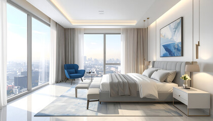 Fototapeta premium Luxurious Modern Bedroom with Panoramic City View and Blue Accent Chair.