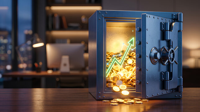 A safe with an open door and money and an arrow graph inside, showing financial growth