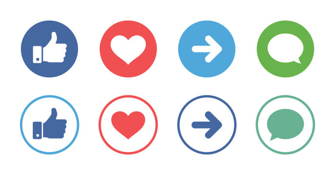 Like share comment love icon, social media buttons graphics, heart repost symbols, engagement interface concept, vector illustration