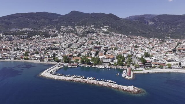 Aerial Drone View of Altinoluk Coast in Balikesir, Aegean Sea and Kaz Mountains Landscape Turkey