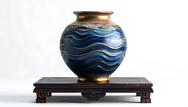Exquisite Blue Ceramic Vase with Golden Wave Pattern on Wooden Stand.
