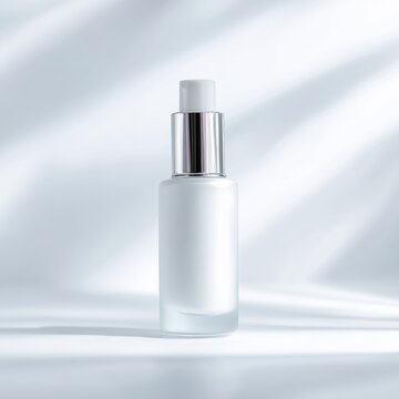 Minimal white background with single skincare bottle centered, soft shadow, commercial stock photography, high CTR advertising style
