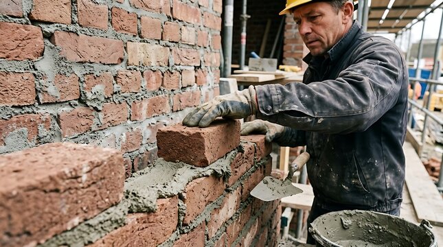Construction Worker Building Brick Wall at Construction Site