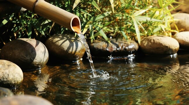 Water flows from bamboo pipe into pond. Gentle ripples form under warm sunlight. Green foliage and smooth stones surround tranquil water. Peaceful zen garden scene.