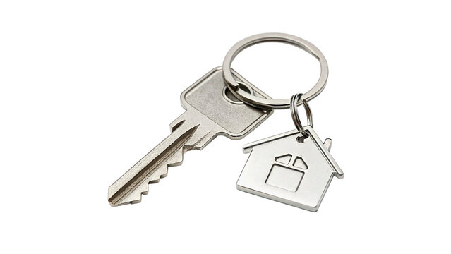 Key and house keychain isolated on transparent background cut out