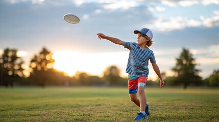 Naklejka premium Boy playing joyfully at sunset in park capturing outdoor recreation and playful atmosphere