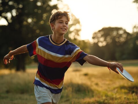 Joyful action of a young boy throwing a ball in a sunlit park capturing outdoor recreation and playful energy