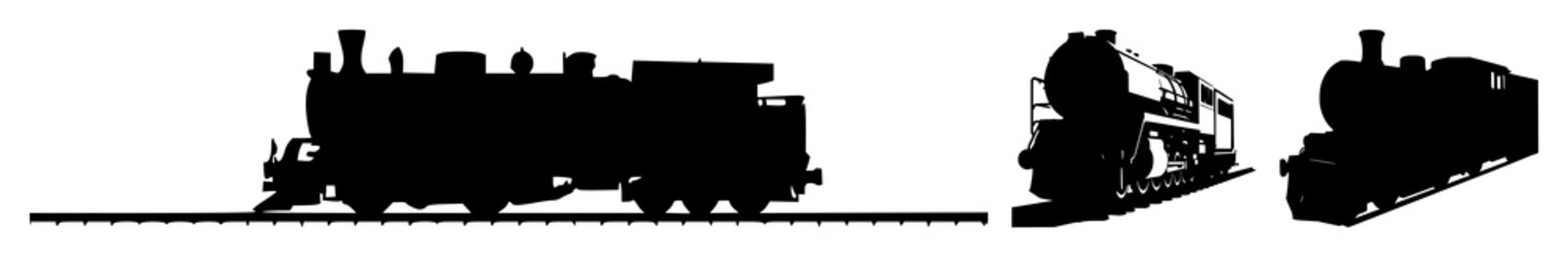 Train engine set with black silhouette against white background featuring locomotive, rail, industrial with train and engine