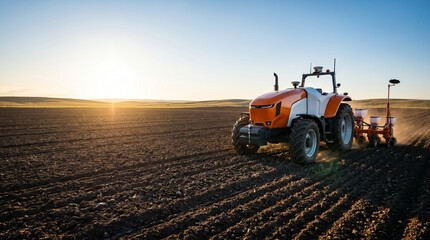 Fototapeta premium Autonomous tractor planting seeds in a large agricultural field at sunset.
