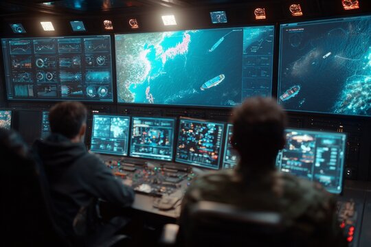 Naval command center operations high-tech facility military strategy secure environment surveillance perspective