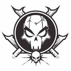 Fototapeta premium A striking black and white vector illustration featuring a detailed skull encased in a circular emblem with crossed swords and a smaller skull at the bottom