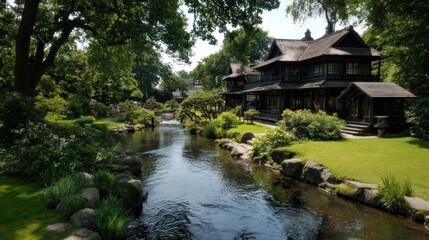 Naklejka premium Serene Japanese Garden with Traditional House and Tranquil Stream