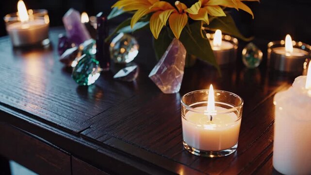 Mystical altar for a spiritual session with burning candles, a bright sunflower, and various healing crystals like amethyst and fluorite creating a magical and relaxing atmosphere