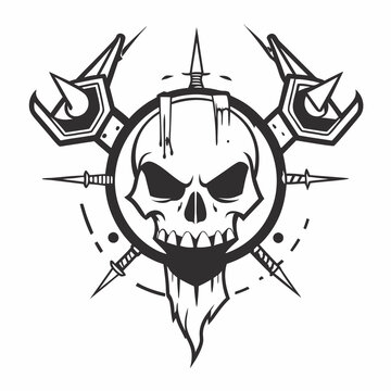 A striking black and white vector illustration of a fierce skull with sharp teeth and flames beneath it surrounded by crossed swords and spikes forming a menacing emblem