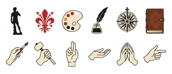 Renaissance Art Icons Set with Florence Symbols and Hand Gestures for Design Projects. David statue, Fleur de Lis, paint palette, ink quill, compass, book, and creative tool silhouettes on white backg © Fernando